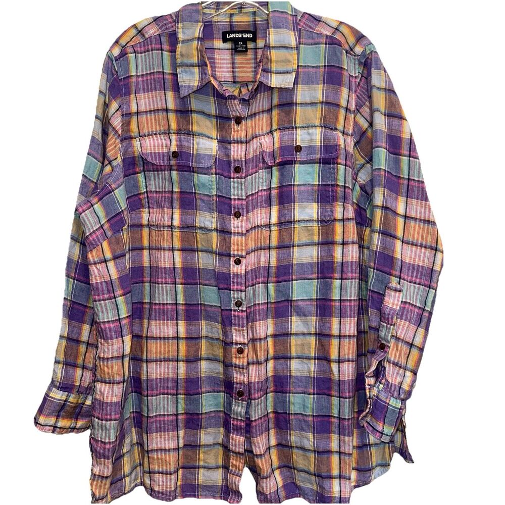 Lands End 1X Linen Womens Long Sleeve Button Blouse Plaid Summer Rodeo Western